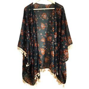 Dark green sheer floral kimono O/S Plus